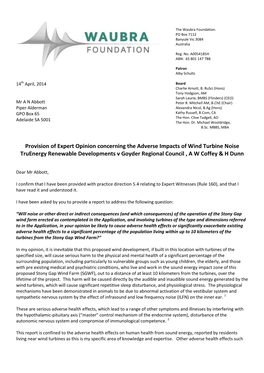 Provision of Expert Opinion Concerning the Adverse Impacts of Wind Turbine Noise Truenergy Renewable Developments V Goyder Regional Council , a W Coffey & H Dunn