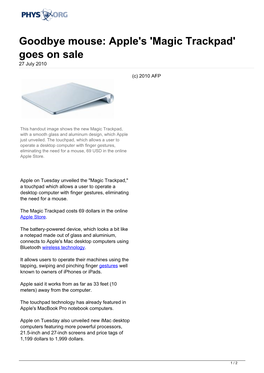 Apple's 'Magic Trackpad' Goes on Sale 27 July 2010