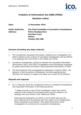 Freedom of Information Act 2000 (FOIA) Decision Notice