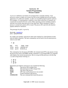 Lecture 25 Systems Programming Process Control