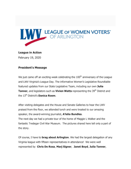 League in Action February 19, 2020 President's Message