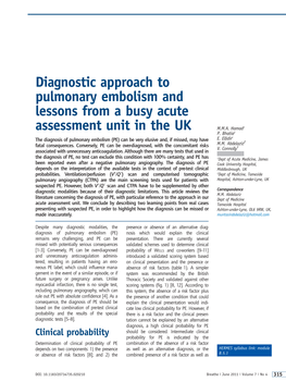 Diagnostic Approach to Pulmonary Embolism and Lessons from a Busy Acute Assessment Unit in the UK M.M.A