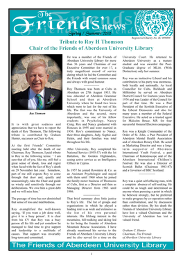Tribute to Roy H Thomson Chair of the Friends of Aberdeen University Library