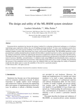 The Design and Utility of the ML-RSIM System Simulator, Lambert