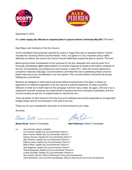 September 6, 2019 Re: Letter Urging City Officials to Suspend Plans