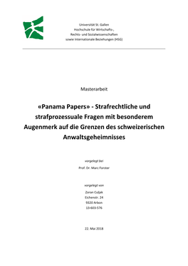 Panama Papers» - Strafrechtliche Und Strafprozessuale Fragen Mit Besonderem Augenmerk Auf Die Grenzen Des Schweizerischen