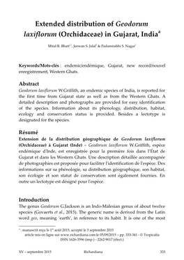 Extended Distribution of Geodorum Laxiflorum (Orchidaceae) in Gujarat, Indiaa