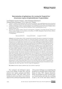 Determination of Optimal Prey for Rearing the Tropical Gar Atractosteus Tropicus (Lepisosteiformes: Lepisosteidae)