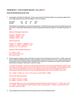 Problem Set 1 - Evolutionary Biology - Fall 2016 Key