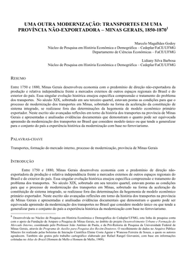 Transportes Em Uma Província Não-Exportadora – Minas Gerais, 1850-18701