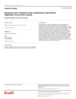 Basement-Cover Relations in the Southeastern Cape Breton Highlands, Nova Scotia, Canada Robert Raeside and Amy Tizzard