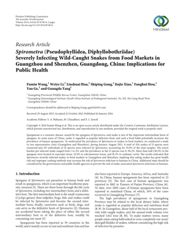 Spirometra (Pseudophyllidea, Diphyllobothriidae) Severely Infecting Wild-Caught Snakes from Food Markets in Guangzhou and Shenzhen, Guangdong, China: Implications for Public Health