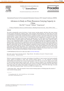 Advances in Study on Water Resources Carrying Capacity in China Han Mei1* Liuyuan1 Duhuan1 Yangxiaoyan1