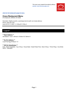 Crave Restaurant Menu 57 E Market St, AKRON, OH 44308