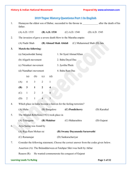 2019 Tnpsc History Questions Part 1 in English 1