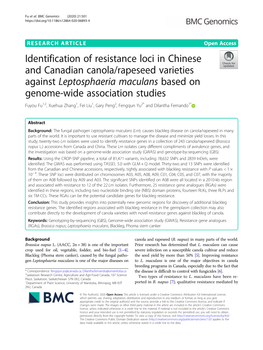 Leptosphaeria Maculans Based on Genome-Wide Association Studies Fuyou Fu1,2, Xuehua Zhang1, Fei Liu1, Gary Peng2, Fengqun Yu2* and Dilantha Fernando1*