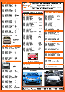Toll Free Phone: 0800-80-5546 OR 09 634 5546 AUCKLAND JAPANESE CAR PARTS CENTRE LTD Email: Ajcpc02@Xtra.Co.Nz 322 Website: Aucklandjapanesecarpartscentre.Co.Nz