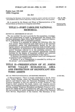 Title I—Fort Caroline National Memorial Title Ii—Preservation of St. Johns River Valley Ecological Area and Protection of Si