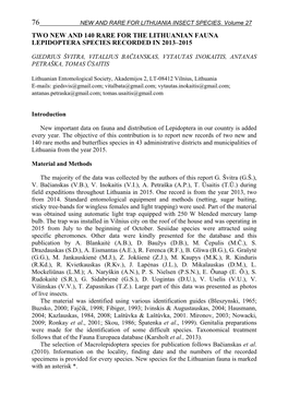 NEW and RARE for LITHUANIA INSECT SPECIES. Volume 27 TWO NEW and 140 RARE for the LITHUANIAN FAUNA LEPIDOPTERA SPECIES RECORDED in 2013–2015