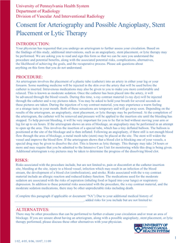 Consent for Arteriography and Possible Angioplasty, Stent Placement Or Lytic Therapy