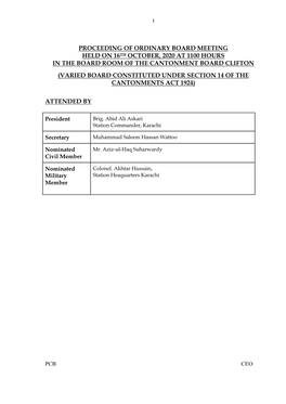 Proceeding of Ordinary Board Meeting Held on 16Th October, 2020 at 1100 Hours in the Board Room of the Cantonment Board Clifton