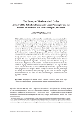 The Beauty of Mathematical Order a Study of the Role of Mathematics in Greek Philosophy and the Modern Art Works of Piet Hein and Inger Christensen