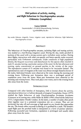 Diel Pattern of Activity, Mating, and Flight Behaviour in Onychogomphus Uncatus (Odonata: Gomphidae)