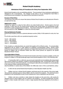 Admissions Policy & Procedures for Entry from September 2021