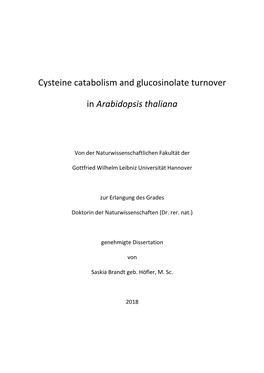 Cysteine Catabolism and Glucosinolate Turnover in Arabidopsis Thaliana