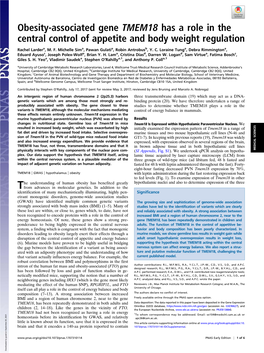 Obesity-Associated Gene TMEM18 Has a Role in the Central Control of Appetite and Body Weight Regulation