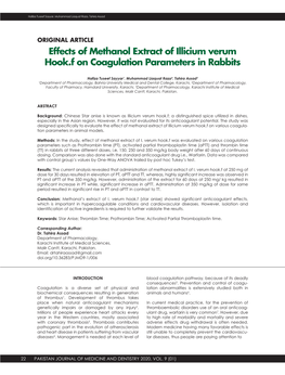 Effects of Methanol Extract of Illicium Verum Hook.F on Coagulation Parameters in Rabbits