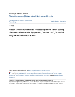 Proceedings of the Textile Society of America 17Th Biennial Symposium, October 15-17, 2020--Full Program with Abstracts & Bios