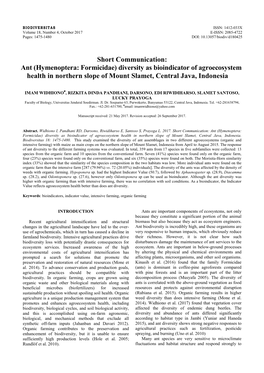 Ant (Hymenoptera: Formicidae) Diversity As Bioindicator of Agroecosystem Health in Northern Slope of Mount Slamet, Central Java, Indonesia