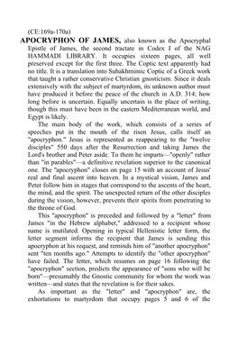 (CE:169A-170A) APOCRYPHON of JAMES, Also Known As the Apocryphal Epistle of James, the Second Tractate in Codex I of the NAG HAMMADI LIBRARY