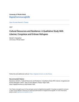 Cultural Resources and Resilience: a Qualitative Study with Liberian, Congolese and Eritrean Refugees
