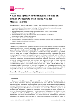 Novel Biodegradable Polyanhydrides Based on Betulin Disuccinate and Sebacic Acid for Medical Purpose †