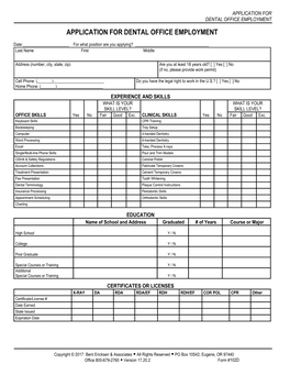 Application for Dental Office Employment Application for Dental Office Employment