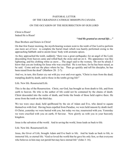 Pastoral Letter of the Ukrainian Catholic Bishops in Canada