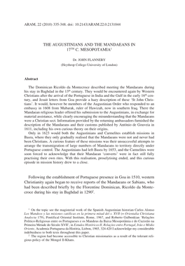 THE AUGUSTINIANS and the MANDAEANS in 17TH C. MESOPOTAMIA1 Following the Establishment of Portuguese Presence in Goa in 1510, We