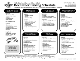 December Baking Schedule Saturday 8 A.M