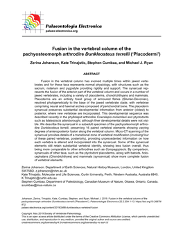 Fusion in the Vertebral Column of the Pachyosteomorph Arthrodire Dunkleosteus Terrelli (‘Placodermi’)