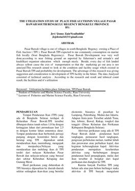 The Utilization Study of Place Fish Auctionin Village Pasar Bawah South Bengkulu Regency Bengkulu Province By