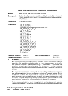 North Planning Committee - 19Th June 2018 PART 1 - MEMBERS, PUBLIC & PRESS Local Improvements