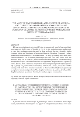 The Motif of Warning Birds in Attila's Siege of Aquileia and Its Survival and Transformation in the Origo Civitatum Italiae Se