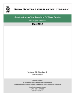 Publications of the Province of Nova Scotia May 2017 Monthly Checklist