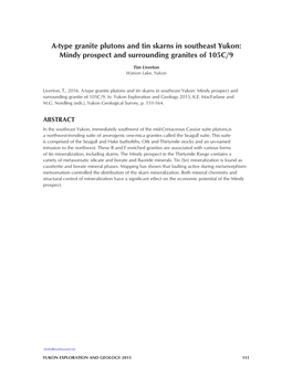 A-Type Granite Plutons and Tin Skarns in Southeast Yukon: Mindy Prospect and Surrounding Granites of 105C/9