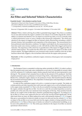 Air Filter and Selected Vehicle Characteristics