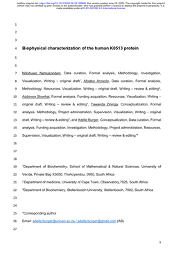 Biophysical Characterization of the Human K0513 Protein