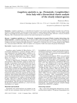 Nematoda : Longidoridae) from Italy with a Hierarchical Cluster Analysis of the Closely Related Species