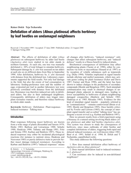 Alnus Glutinosa) Affects Herbivory by Leaf Beetles on Undamaged Neighbours